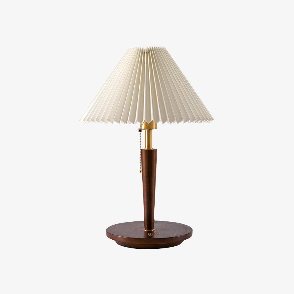 Modern Scandinavian Wooden Table Lamp with White Pleated Fabric Cone Shade