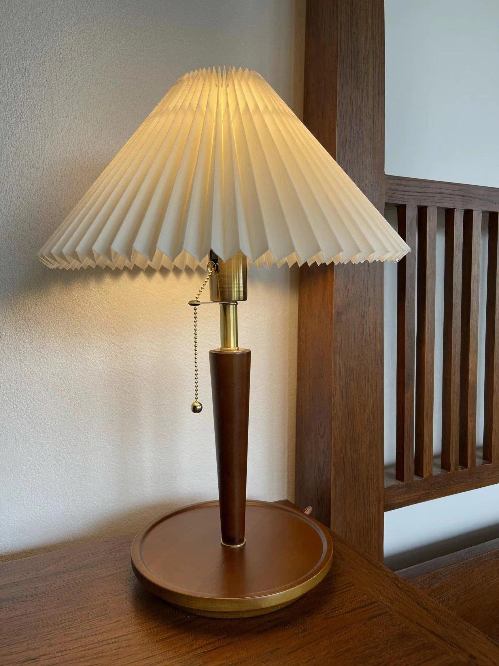 Modern Scandinavian Wooden Table Lamp with White Pleated Fabric Cone Shade