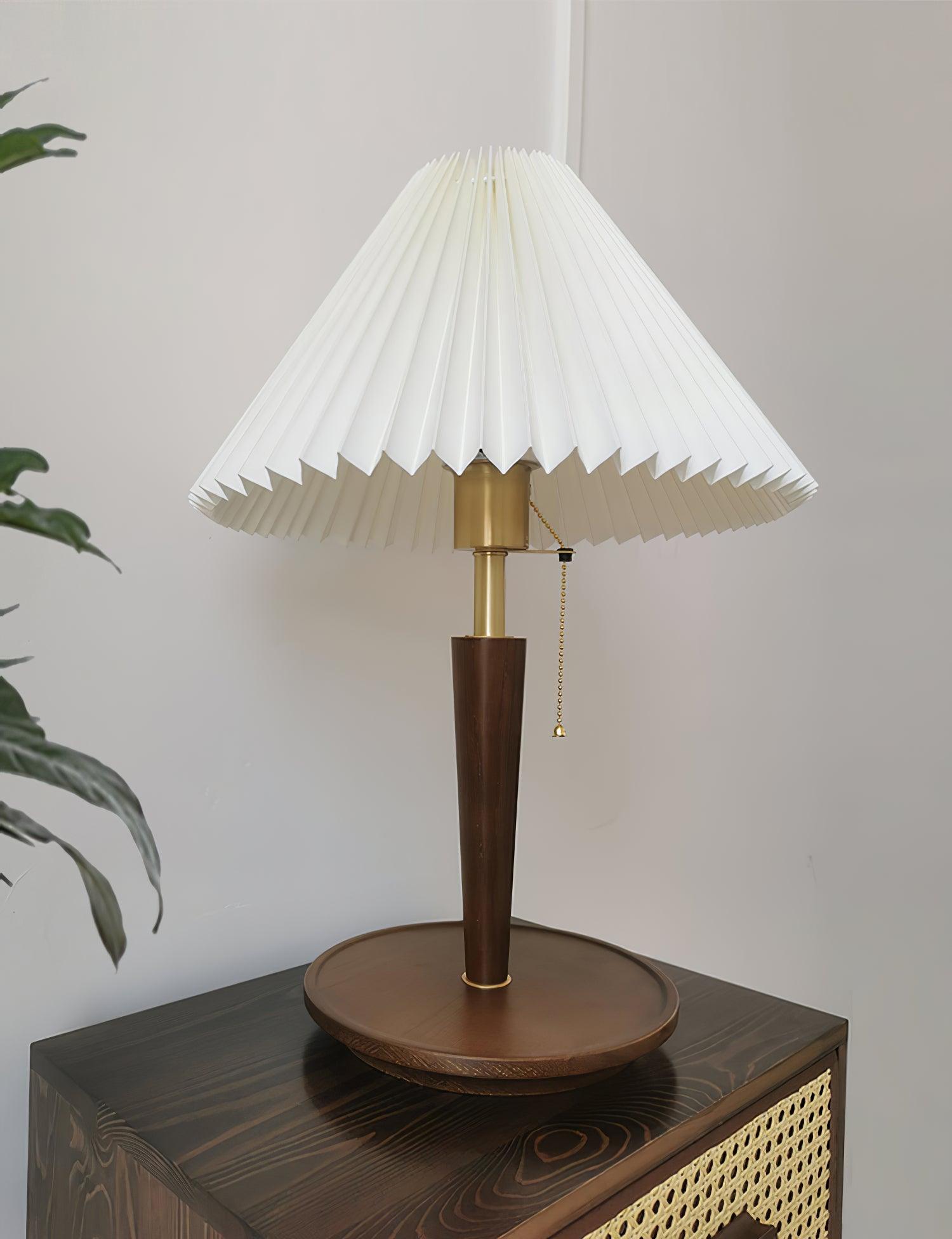 Modern Scandinavian Wooden Table Lamp with White Pleated Fabric Cone Shade
