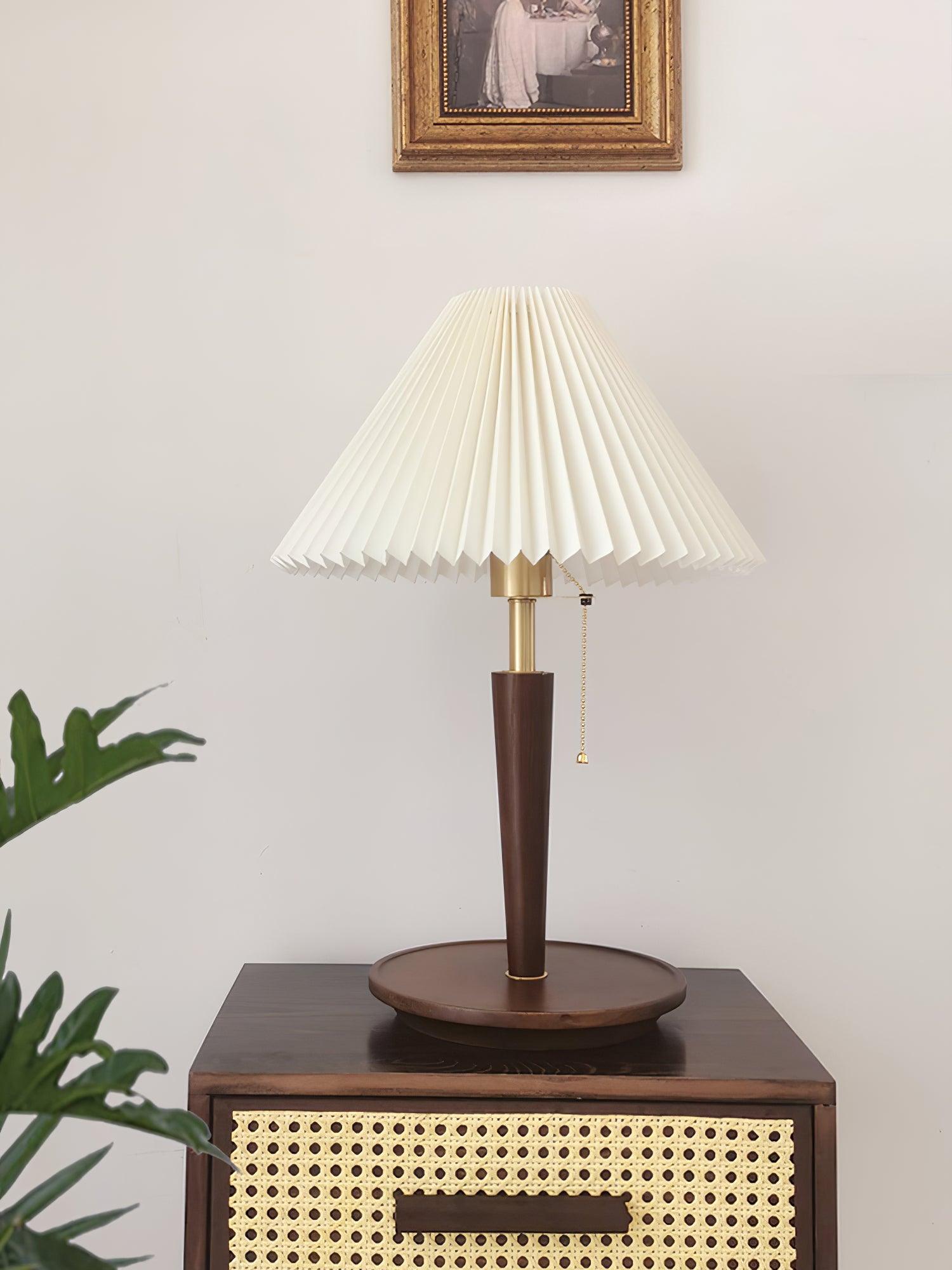 Modern Scandinavian Wooden Table Lamp with White Pleated Fabric Cone Shade