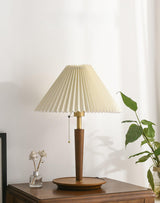 Modern Scandinavian Wooden Table Lamp with White Pleated Fabric Cone Shade