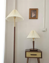 Modern Scandinavian Wooden Table Lamp with White Pleated Fabric Cone Shade