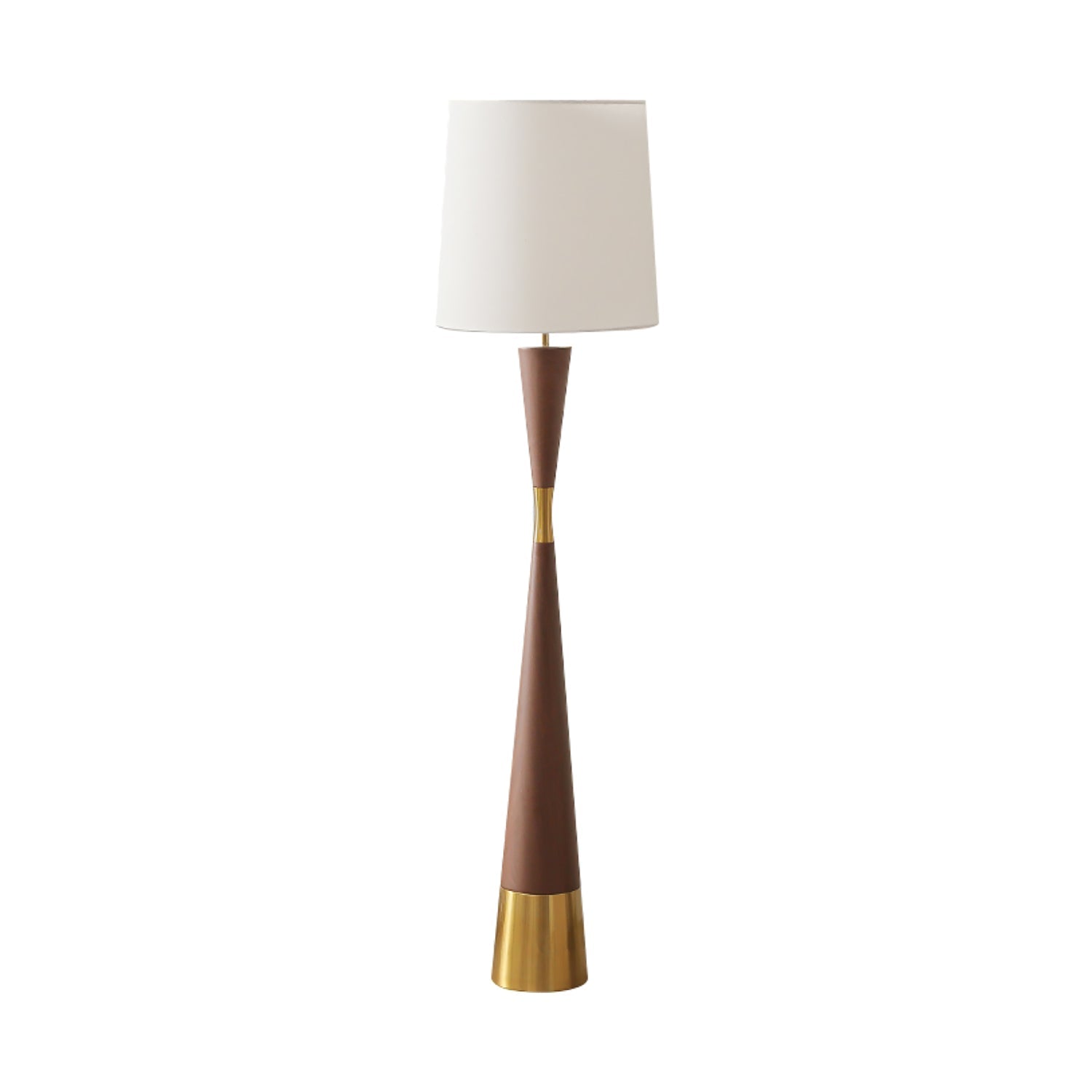Modern Walnut Wood Grain Cone Waist Floor Lamp with White Fabric Shade for Living Room