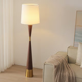 Modern Walnut Wood Grain Cone Waist Floor Lamp with White Fabric Shade for Living Room