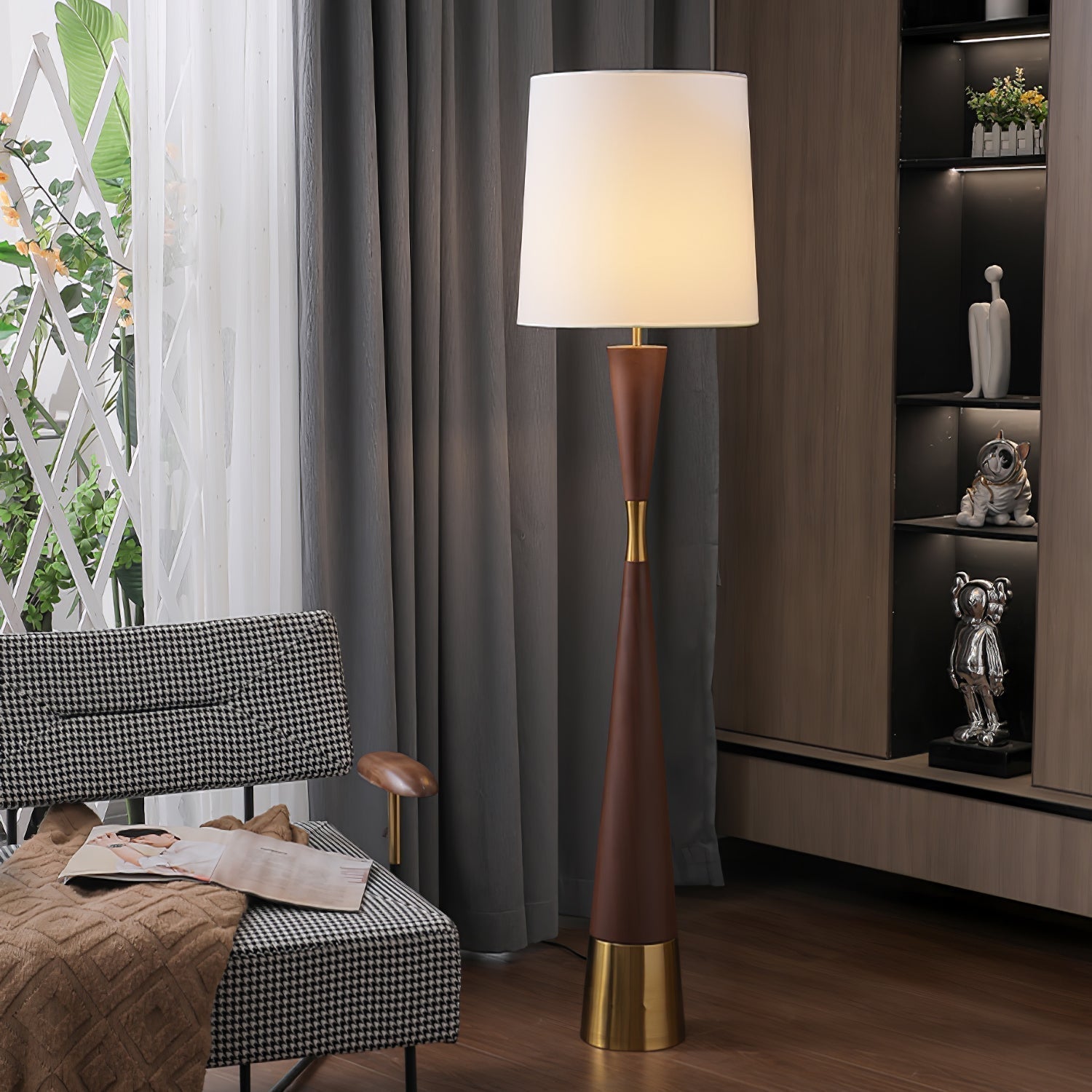Modern Walnut Wood Grain Cone Waist Floor Lamp with White Fabric Shade for Living Room
