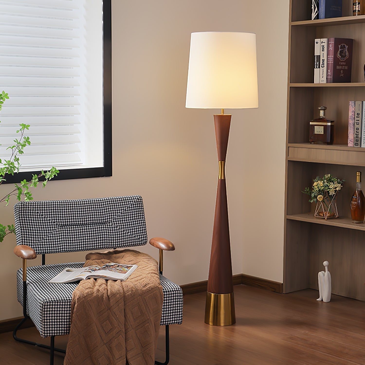Modern Walnut Wood Grain Cone Waist Floor Lamp with White Fabric Shade for Living Room