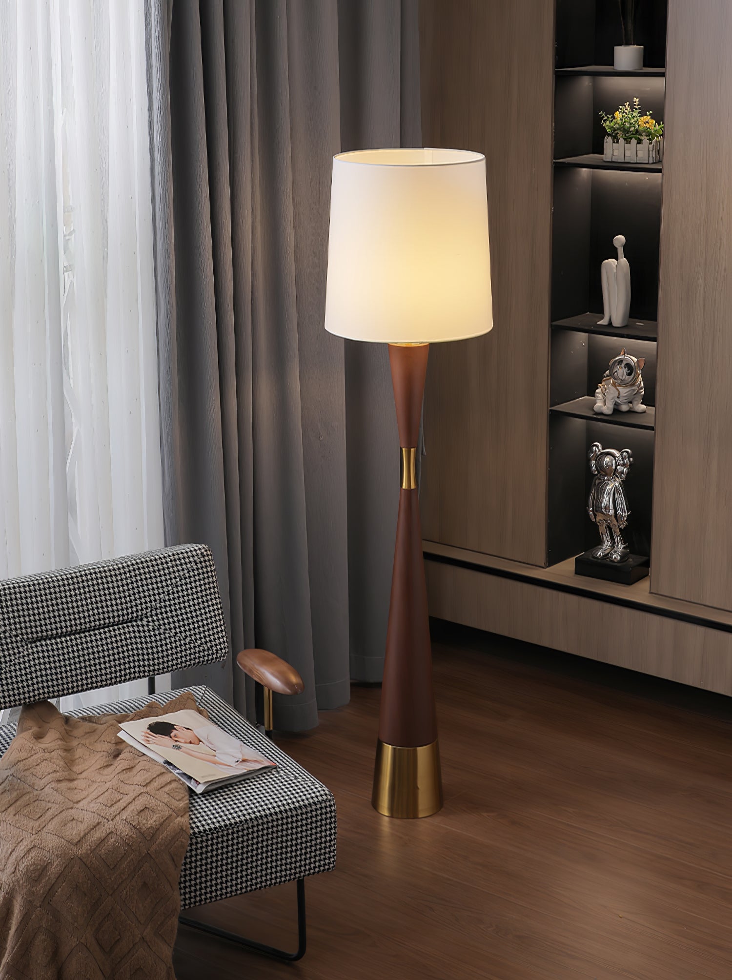 Modern Walnut Wood Grain Cone Waist Floor Lamp with White Fabric Shade for Living Room