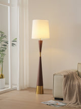Modern Walnut Wood Grain Cone Waist Floor Lamp with White Fabric Shade for Living Room