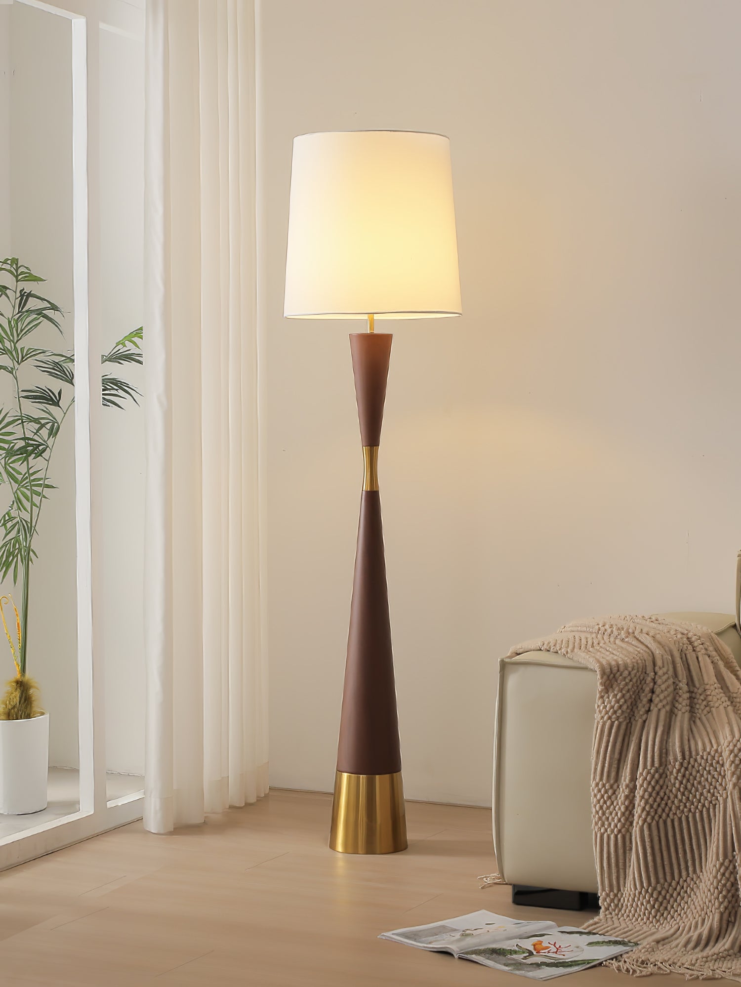 Modern Walnut Wood Grain Cone Waist Floor Lamp with White Fabric Shade for Living Room