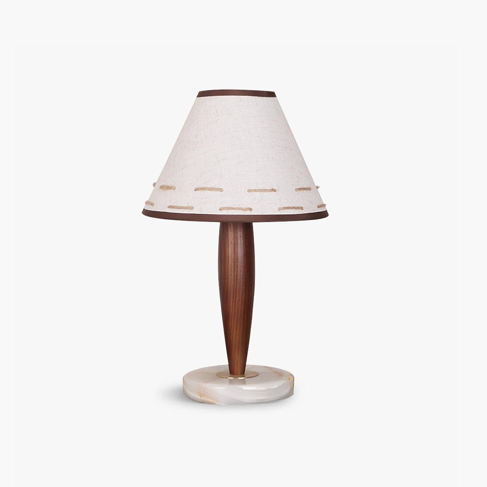 Modern Walnut Conical Table Lamp with White Fabric Shade and Marble Base