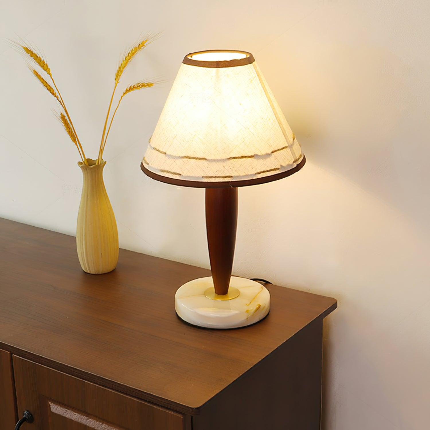 Modern Walnut Conical Table Lamp with White Fabric Shade and Marble Base