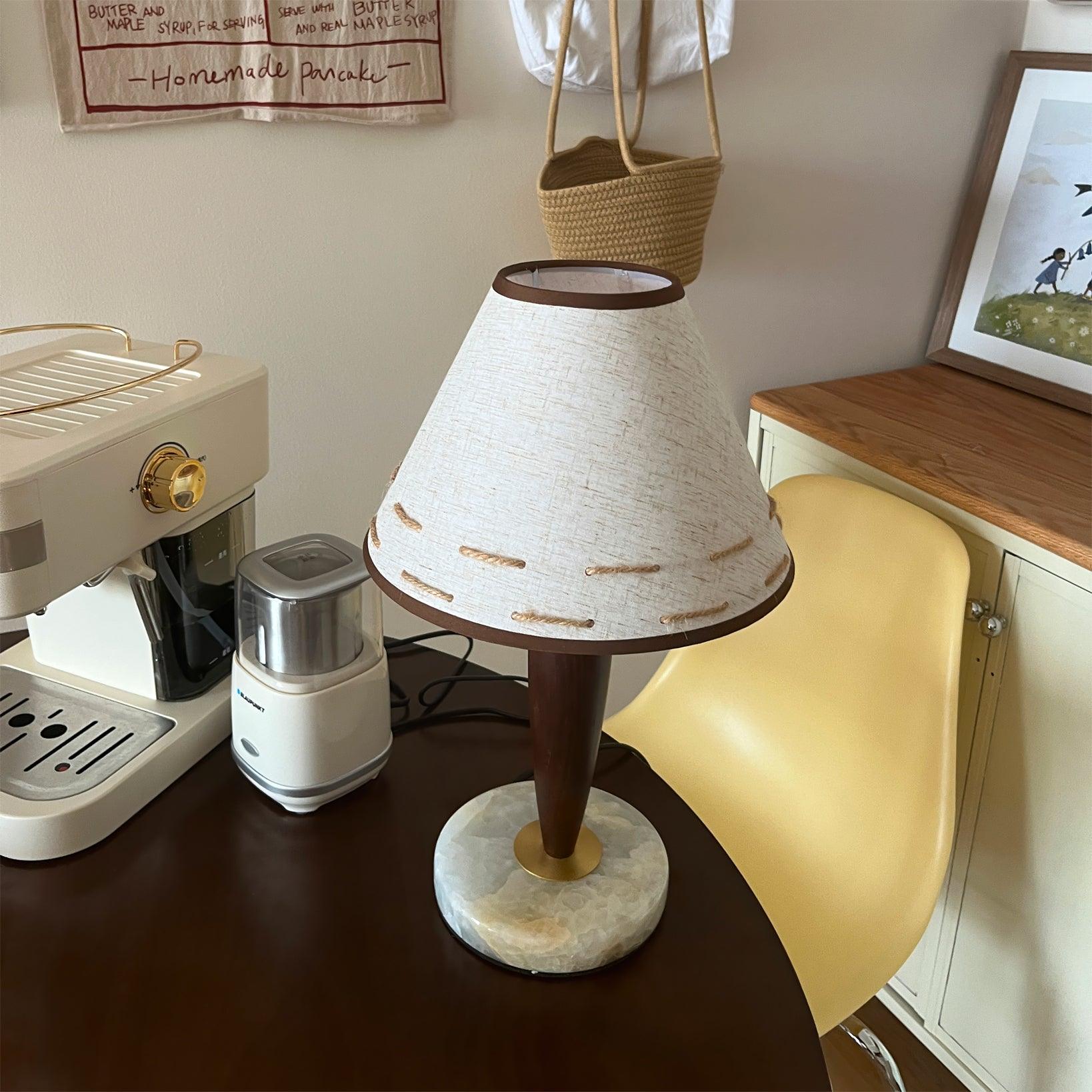 Modern Walnut Conical Table Lamp with White Fabric Shade and Marble Base