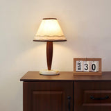 Modern Walnut Conical Table Lamp with White Fabric Shade and Marble Base