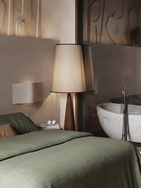 Walnut Wood Grain Conical Torchiere Floor Lamp with White Fabric Shade for Living Room