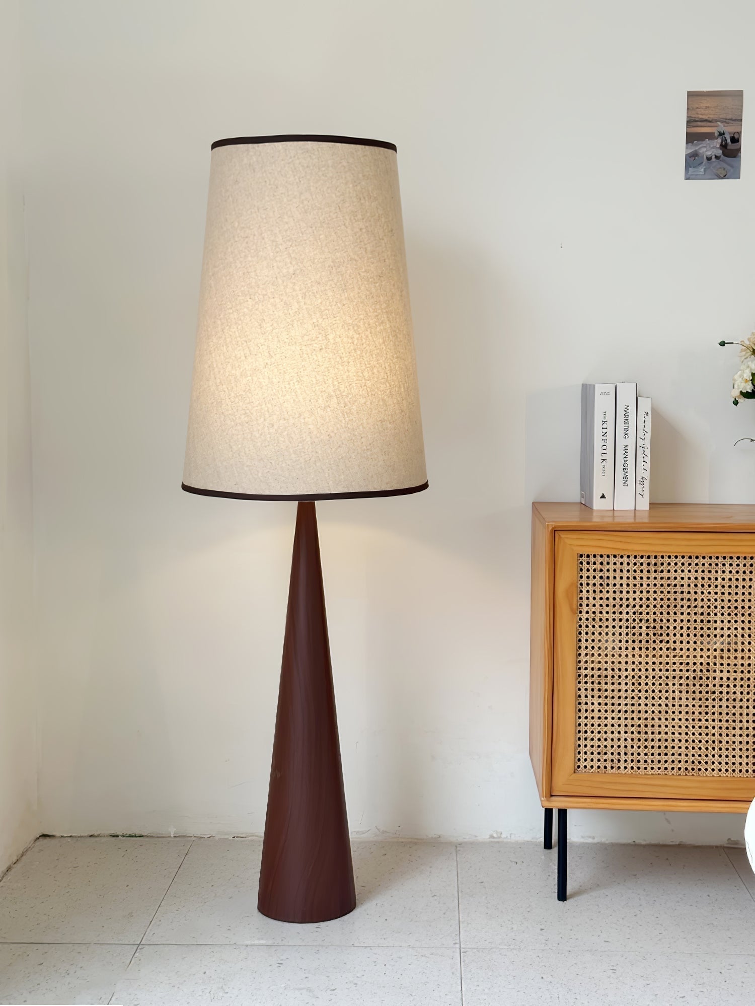 Walnut Wood Grain Conical Torchiere Floor Lamp with White Fabric Shade for Living Room