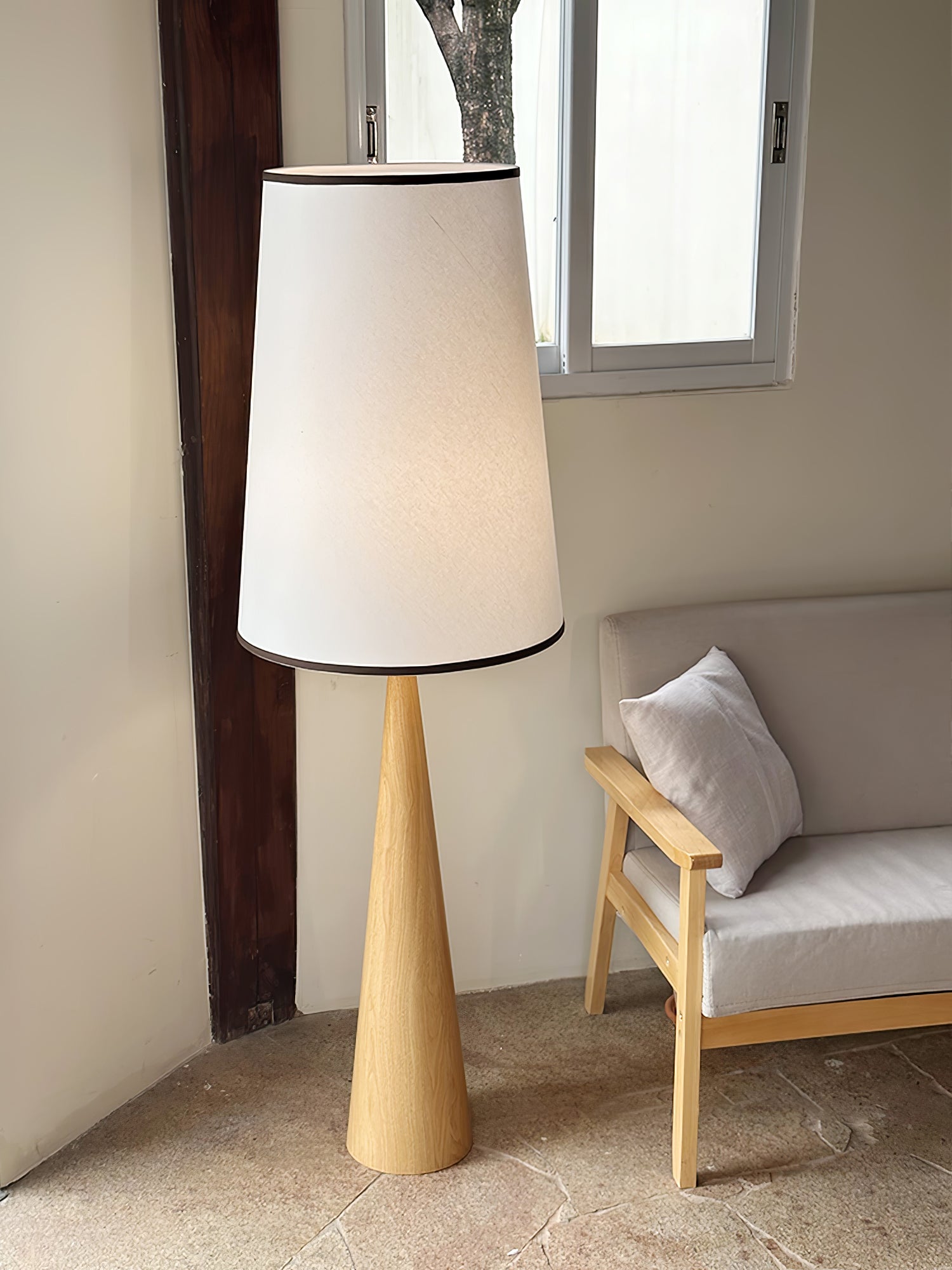 Walnut Wood Grain Conical Torchiere Floor Lamp with White Fabric Shade for Living Room