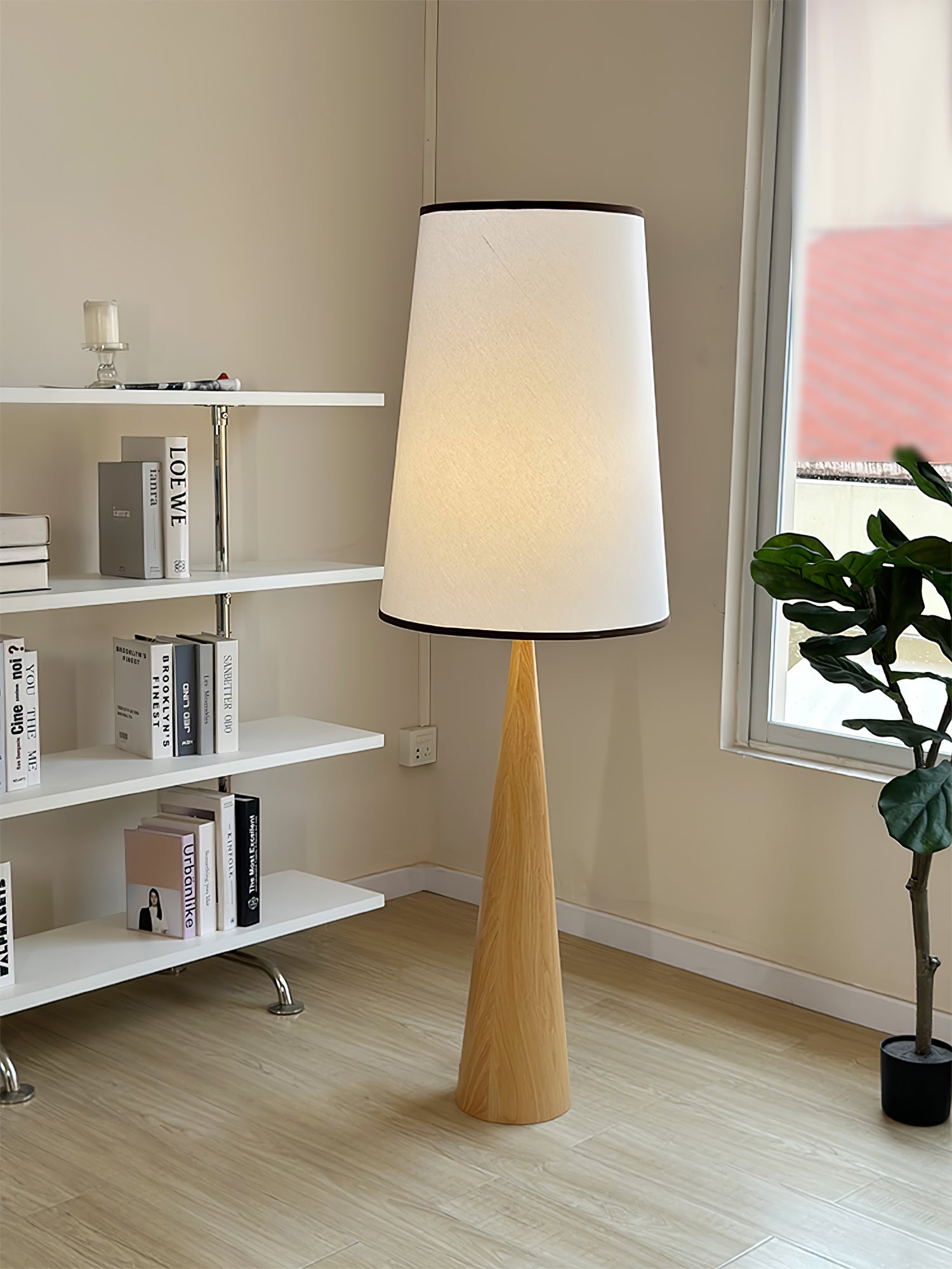 Walnut Wood Grain Conical Torchiere Floor Lamp with White Fabric Shade for Living Room