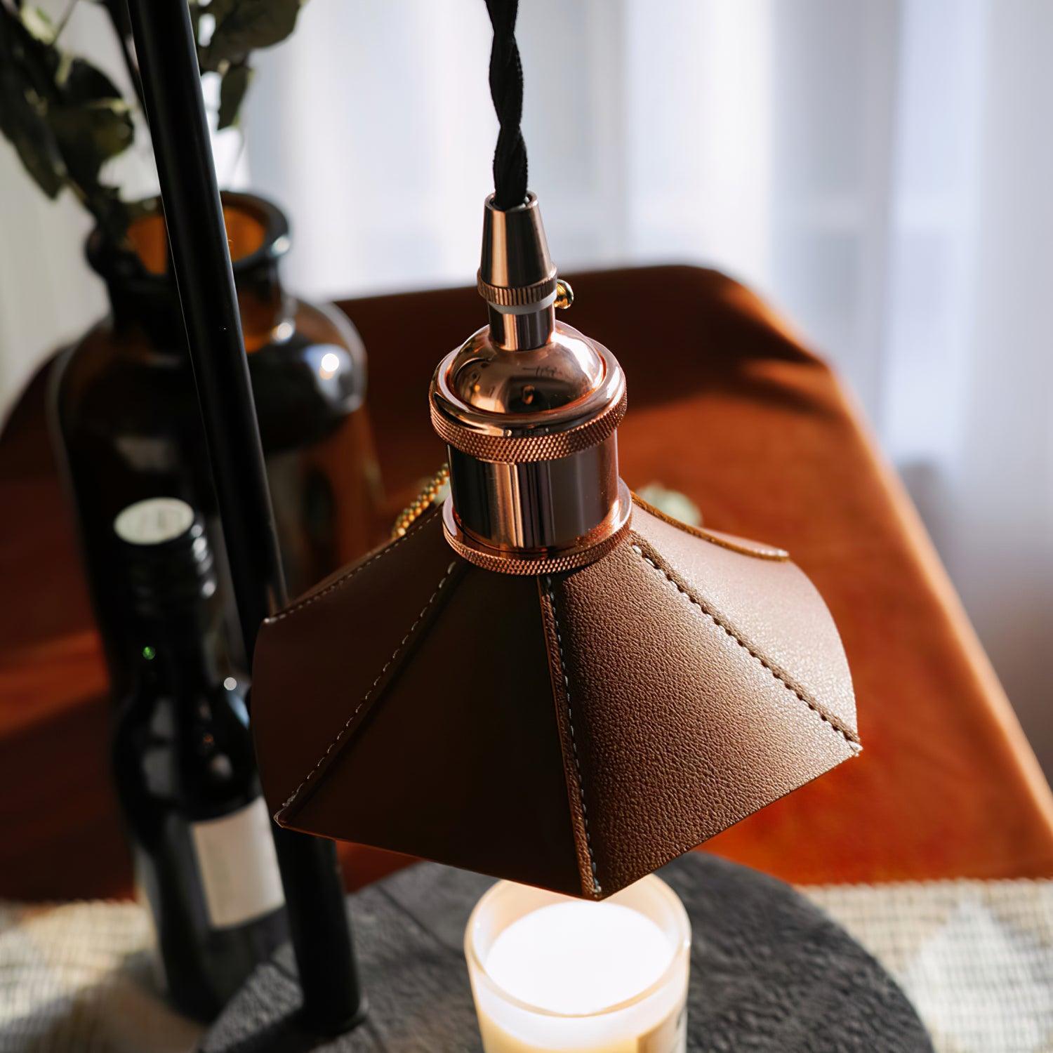 Modern Wooden Stool Style Side Table Lamp with Leather Accents and Candle Warmer Function