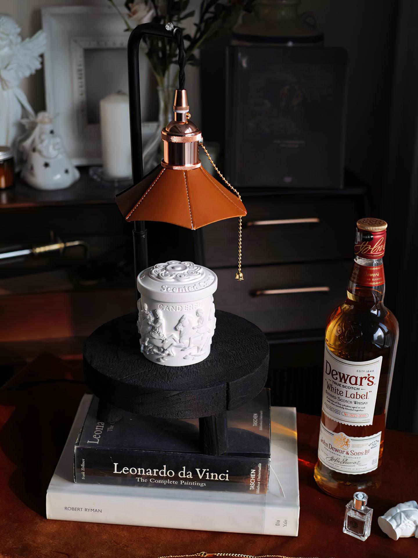 Modern Wooden Stool Style Side Table Lamp with Leather Accents and Candle Warmer Function