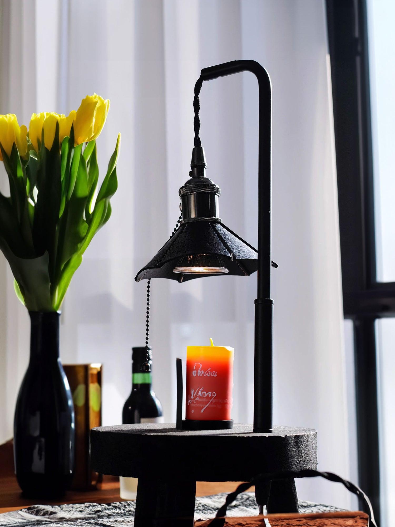 Modern Wooden Stool Style Side Table Lamp with Leather Accents and Candle Warmer Function
