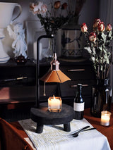 Modern Wooden Stool Style Side Table Lamp with Leather Accents and Candle Warmer Function