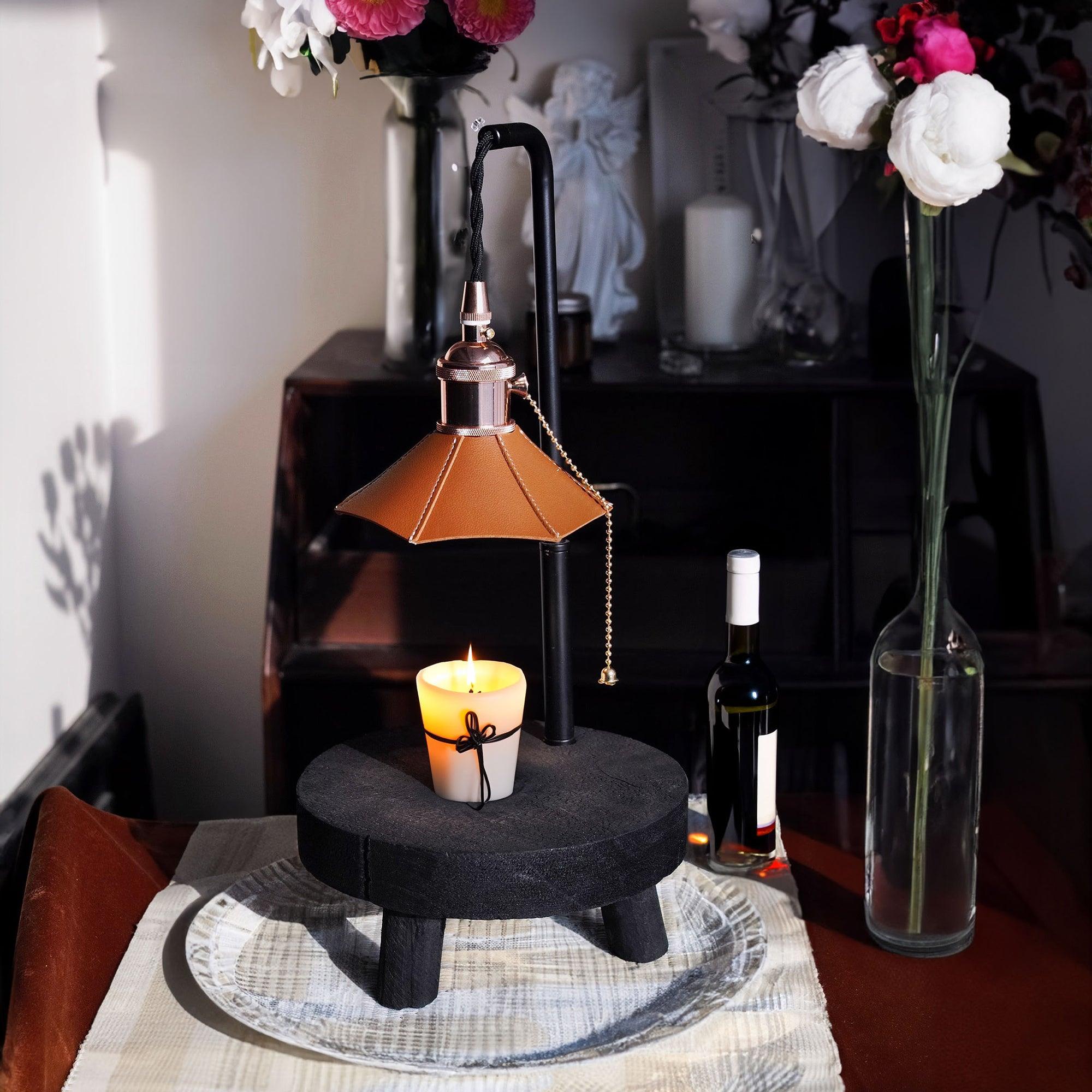 Modern Wooden Stool Style Side Table Lamp with Leather Accents and Candle Warmer Function