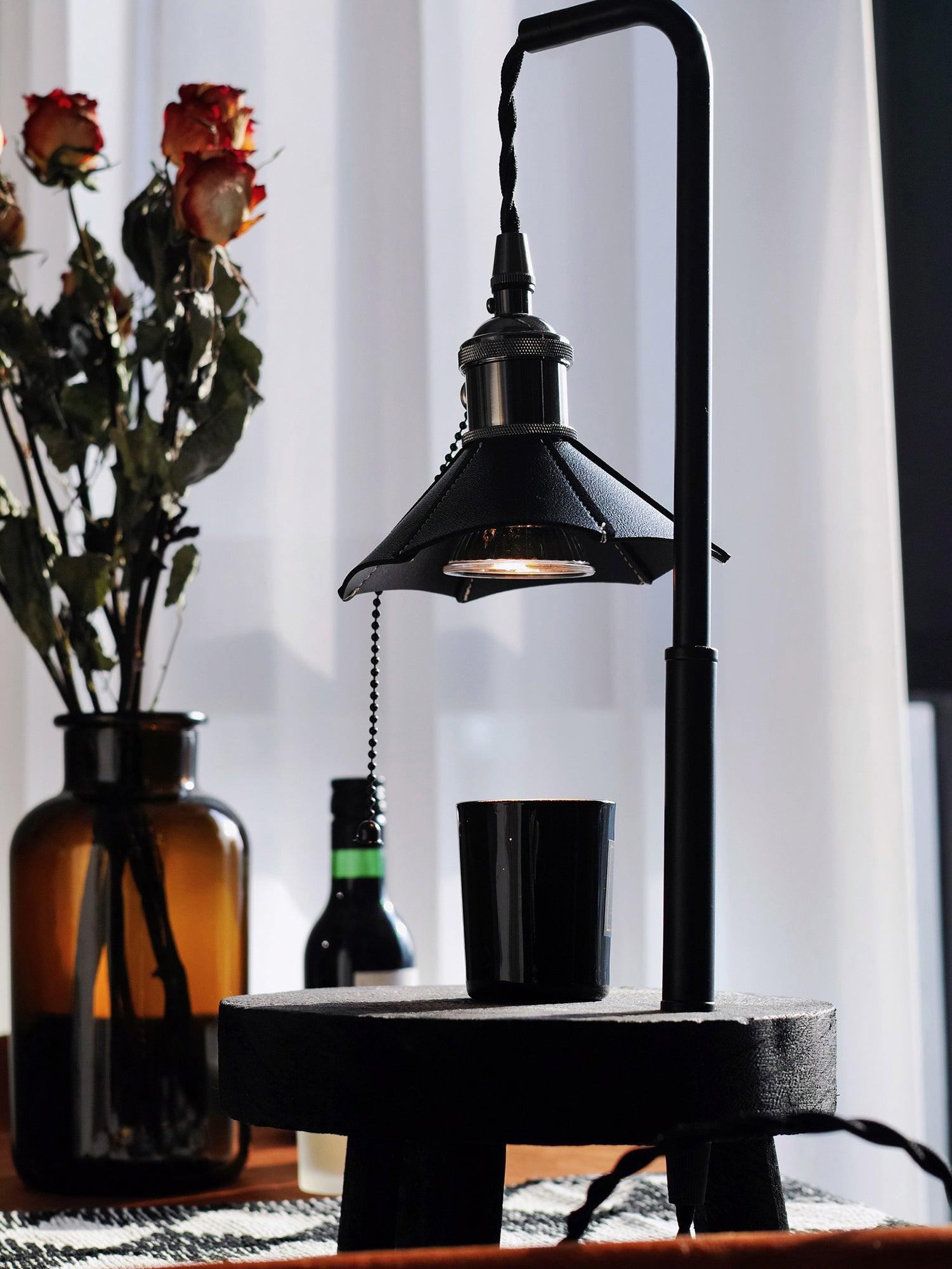 Modern Wooden Stool Style Side Table Lamp with Leather Accents and Candle Warmer Function