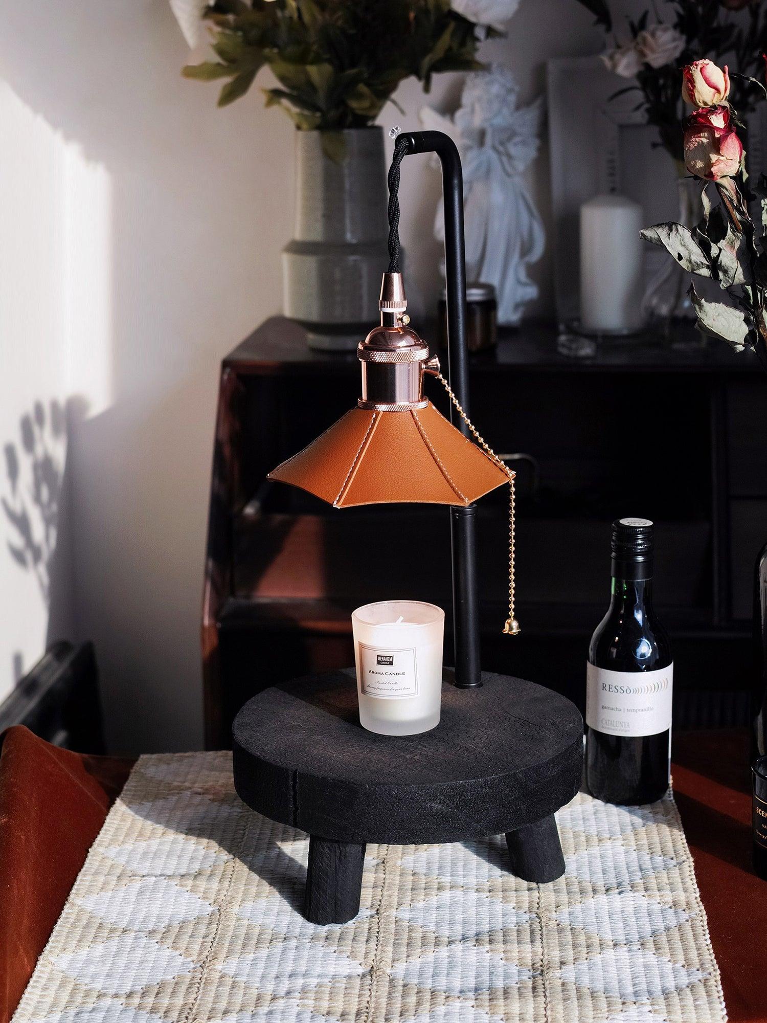 Modern Wooden Stool Style Side Table Lamp with Leather Accents and Candle Warmer Function