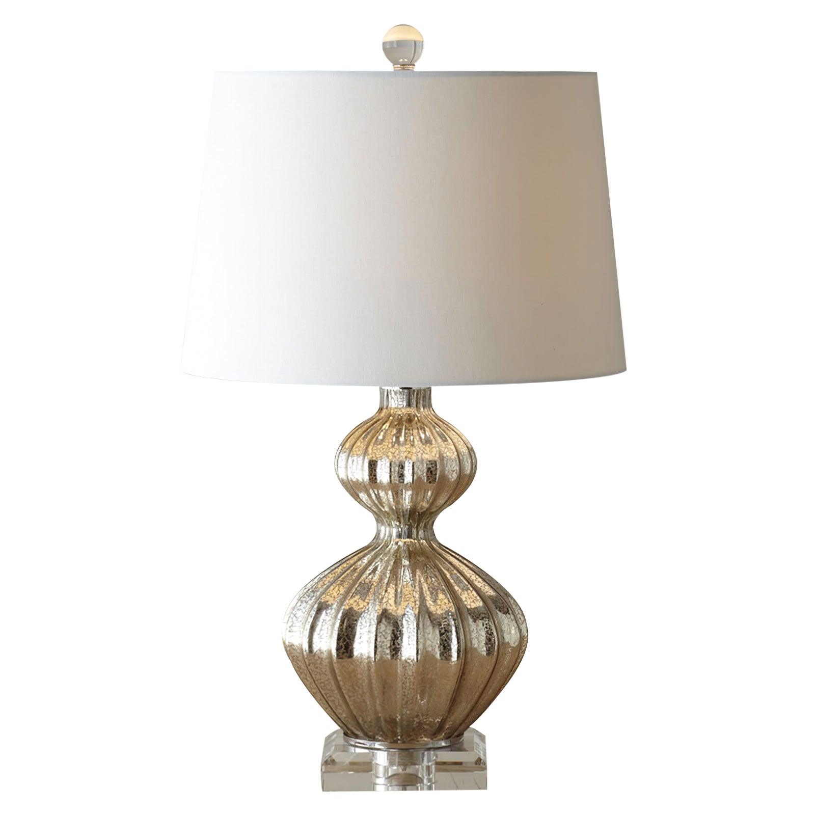 Elegant Mercury Glass Bedside Nightstand Lamp with Fabric Drum Shade Silver Finish