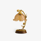 Cracked Glass and Brass Table Lamp with Ash Wood Base and Brown Fabric Shade