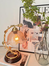 Cracked Glass and Brass Table Lamp with Ash Wood Base and Brown Fabric Shade