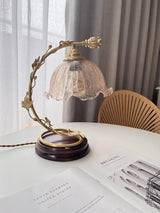 Cracked Glass and Brass Table Lamp with Ash Wood Base and Brown Fabric Shade