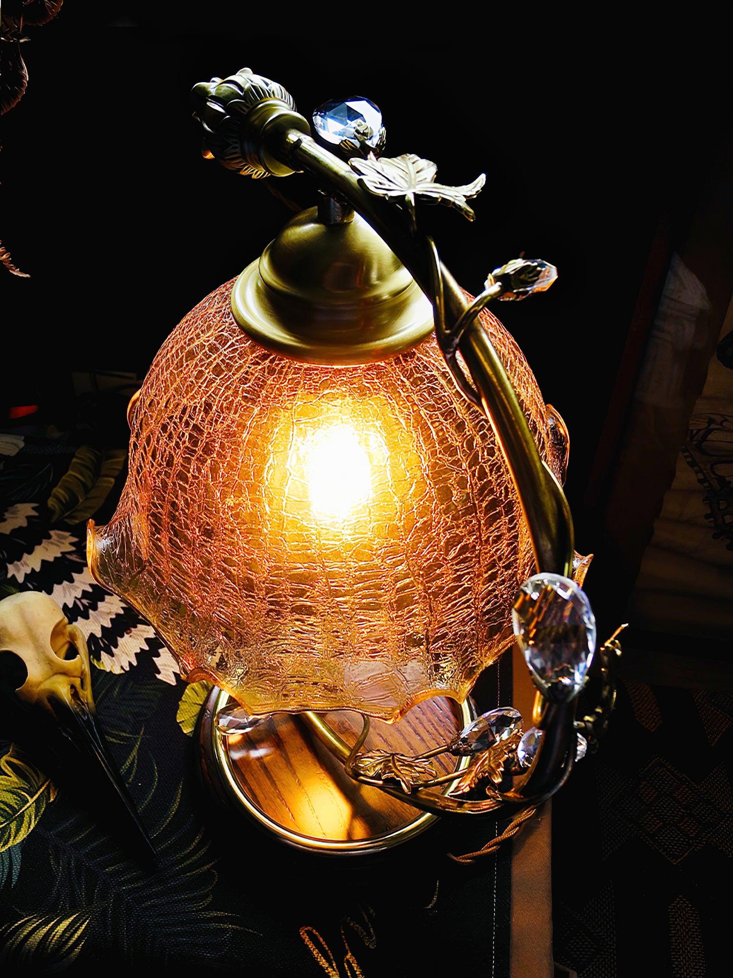 Cracked Glass and Brass Table Lamp with Ash Wood Base and Brown Fabric Shade