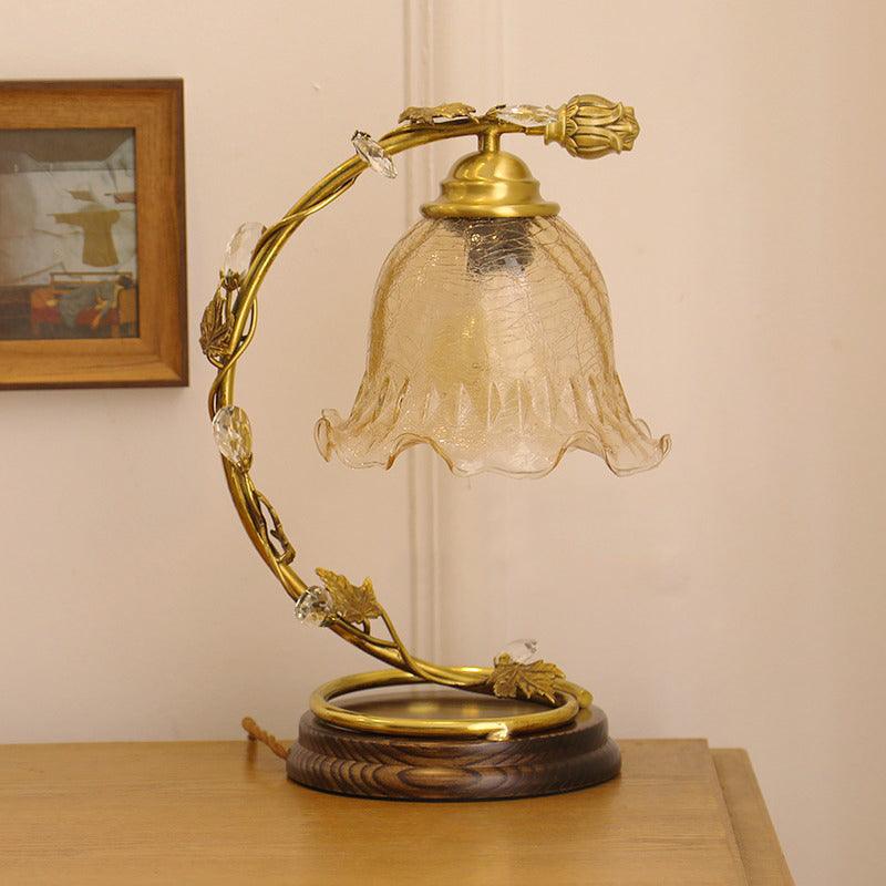 Cracked Glass and Brass Table Lamp with Ash Wood Base and Brown Fabric Shade