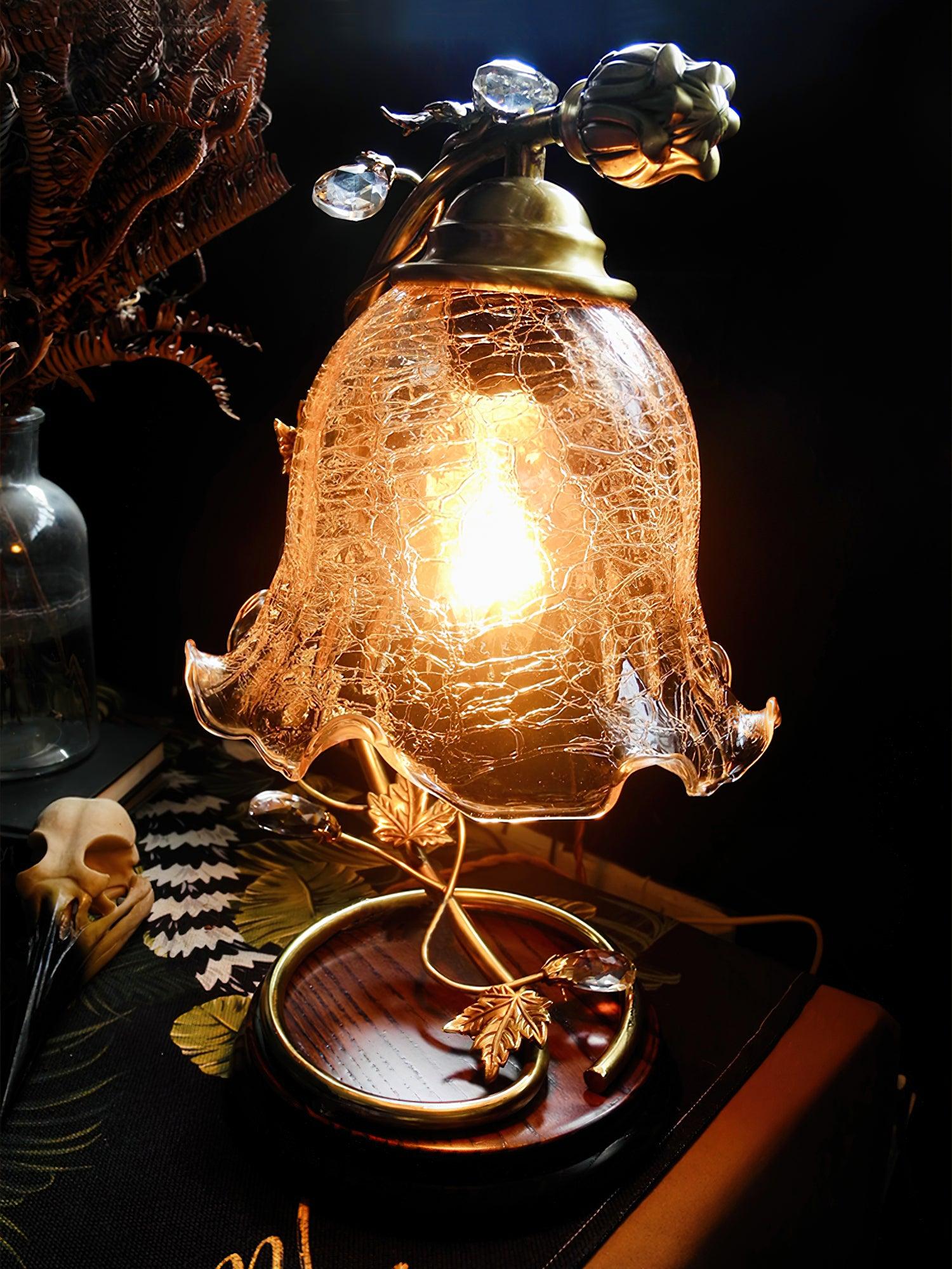 Cracked Glass and Brass Table Lamp with Ash Wood Base and Brown Fabric Shade