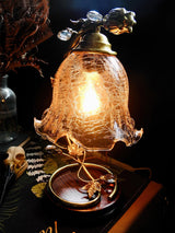 Cracked Glass and Brass Table Lamp with Ash Wood Base and Brown Fabric Shade