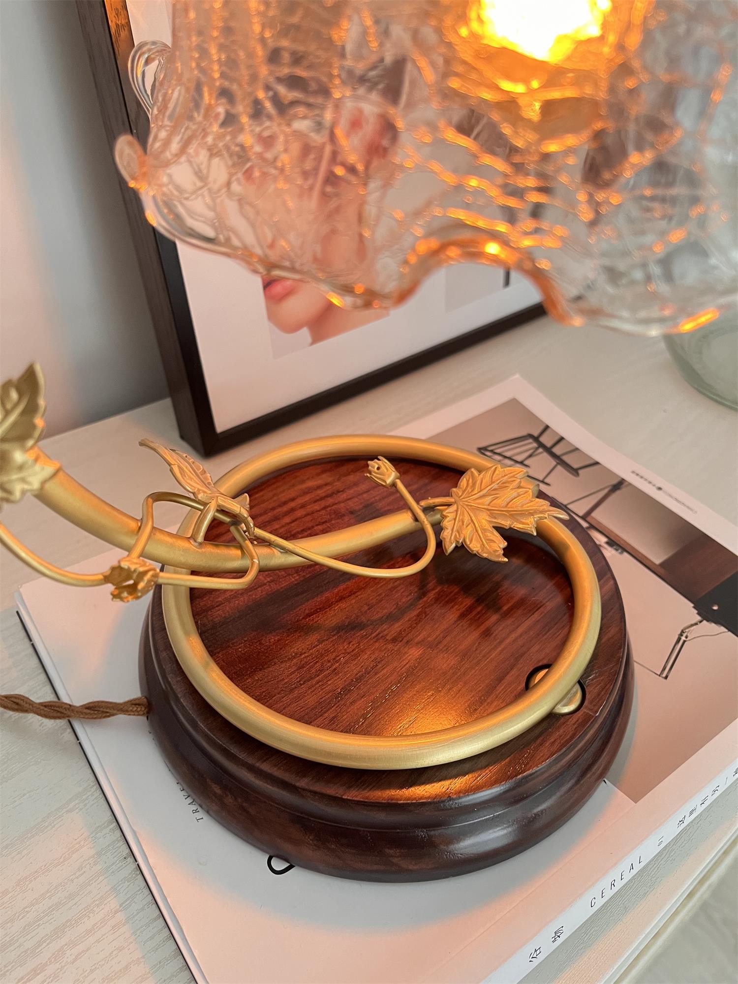 Cracked Glass and Brass Table Lamp with Ash Wood Base and Brown Fabric Shade