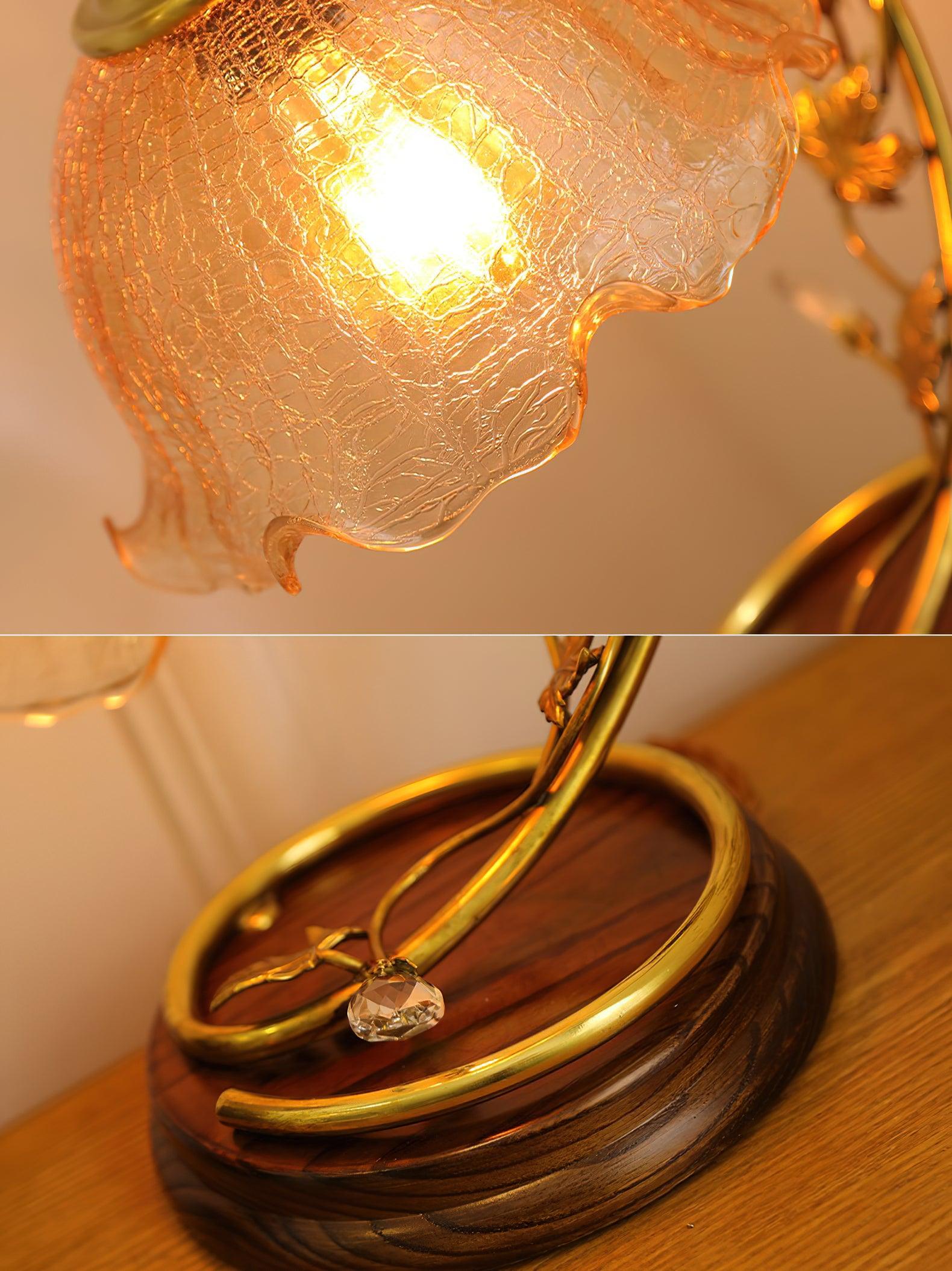 Cracked Glass and Brass Table Lamp with Ash Wood Base and Brown Fabric Shade