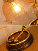 Cracked Glass and Brass Table Lamp with Ash Wood Base and Brown Fabric Shade