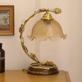 Cracked Glass and Brass Table Lamp with Ash Wood Base and Brown Fabric Shade