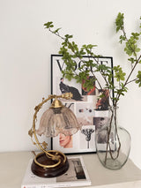 Cracked Glass and Brass Table Lamp with Ash Wood Base and Brown Fabric Shade