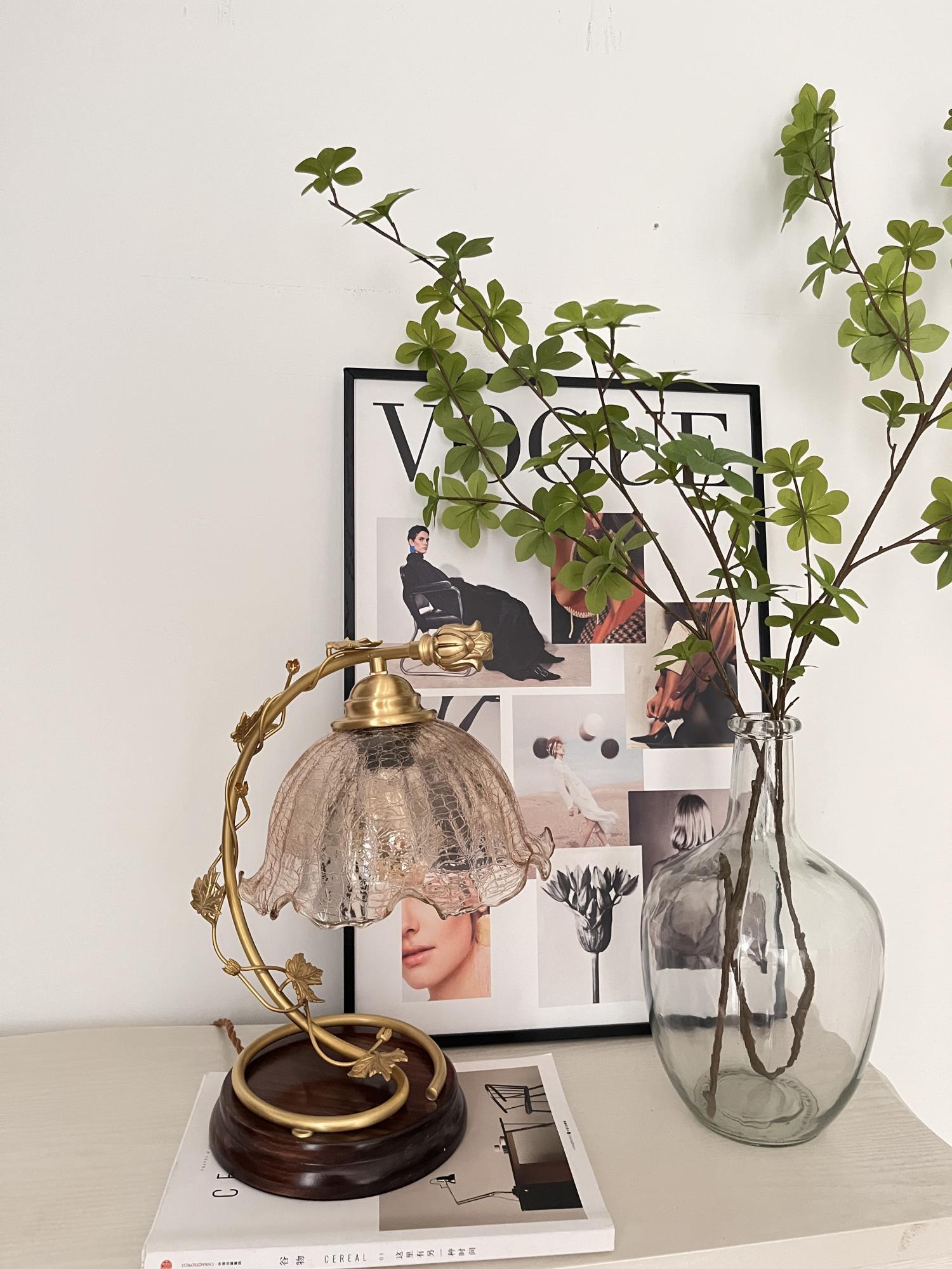 Cracked Glass and Brass Table Lamp with Ash Wood Base and Brown Fabric Shade