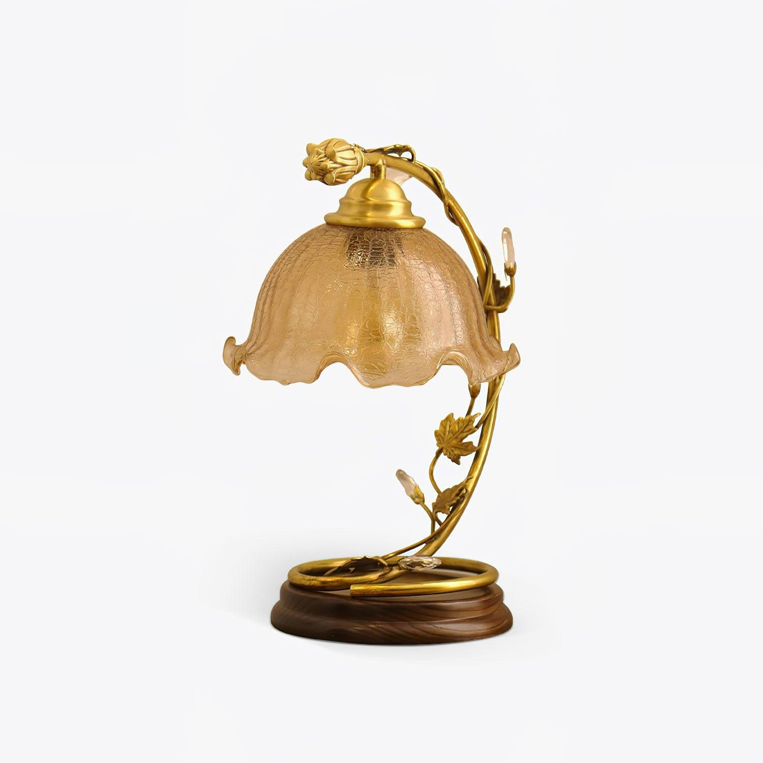 Cracked Glass and Brass Table Lamp with Ash Wood Base and Brown Fabric Shade