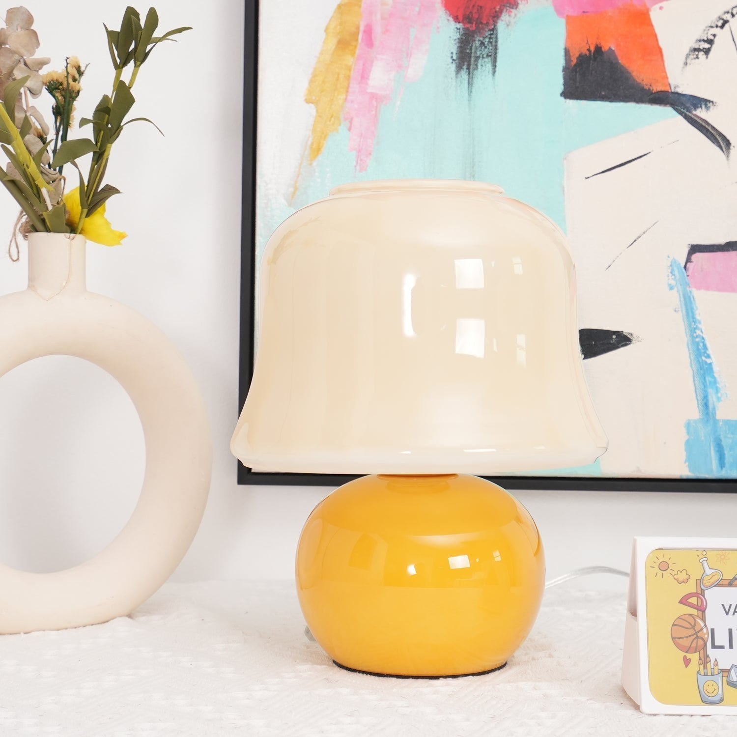 Creamy Mushroom Pleated Glass Table Lamp for Bedroom and Living Room Accent Lighting