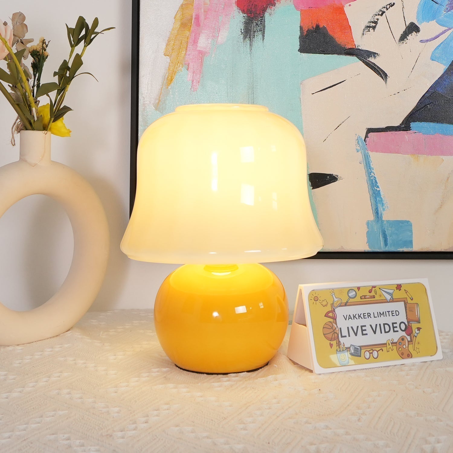 Creamy Mushroom Pleated Glass Table Lamp for Bedroom and Living Room Accent Lighting