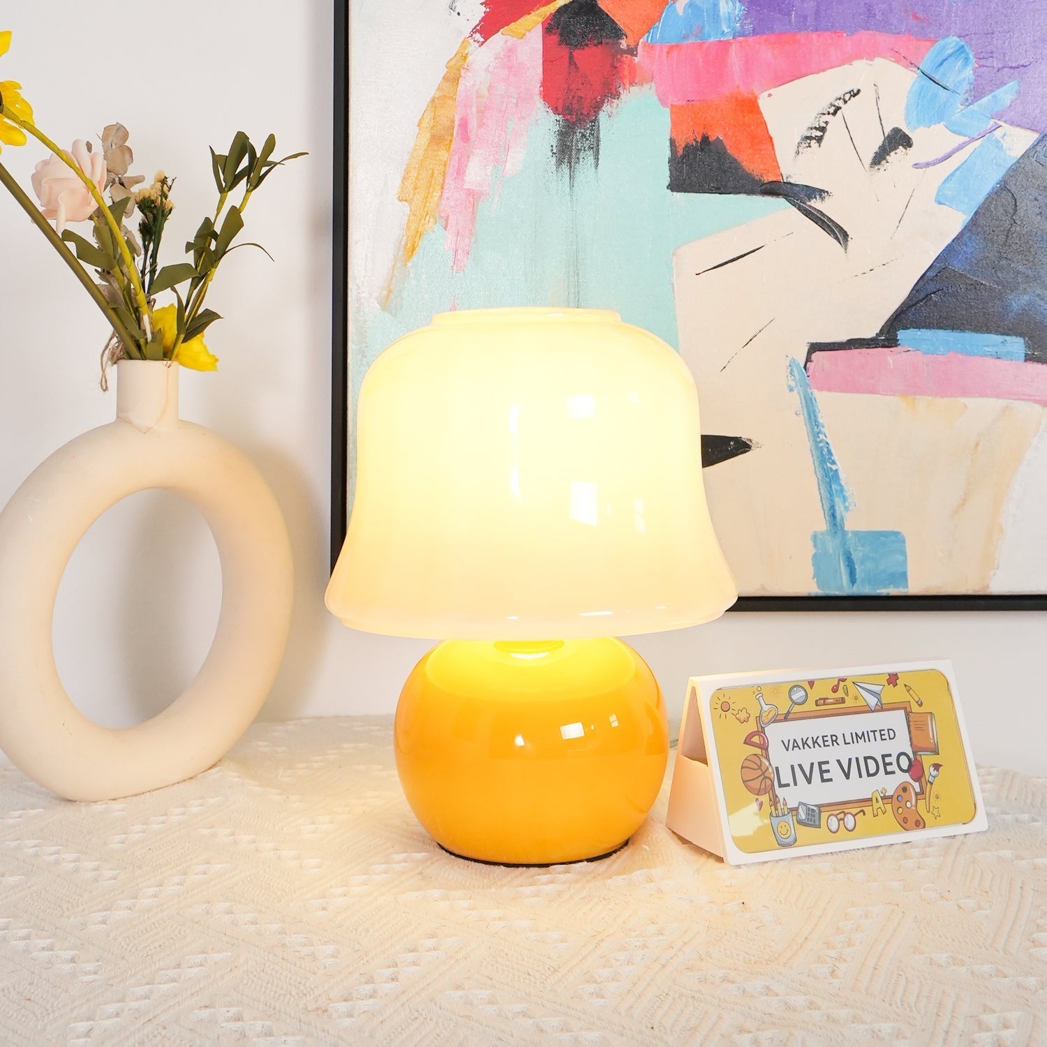 Creamy Mushroom Pleated Glass Table Lamp for Bedroom and Living Room Accent Lighting
