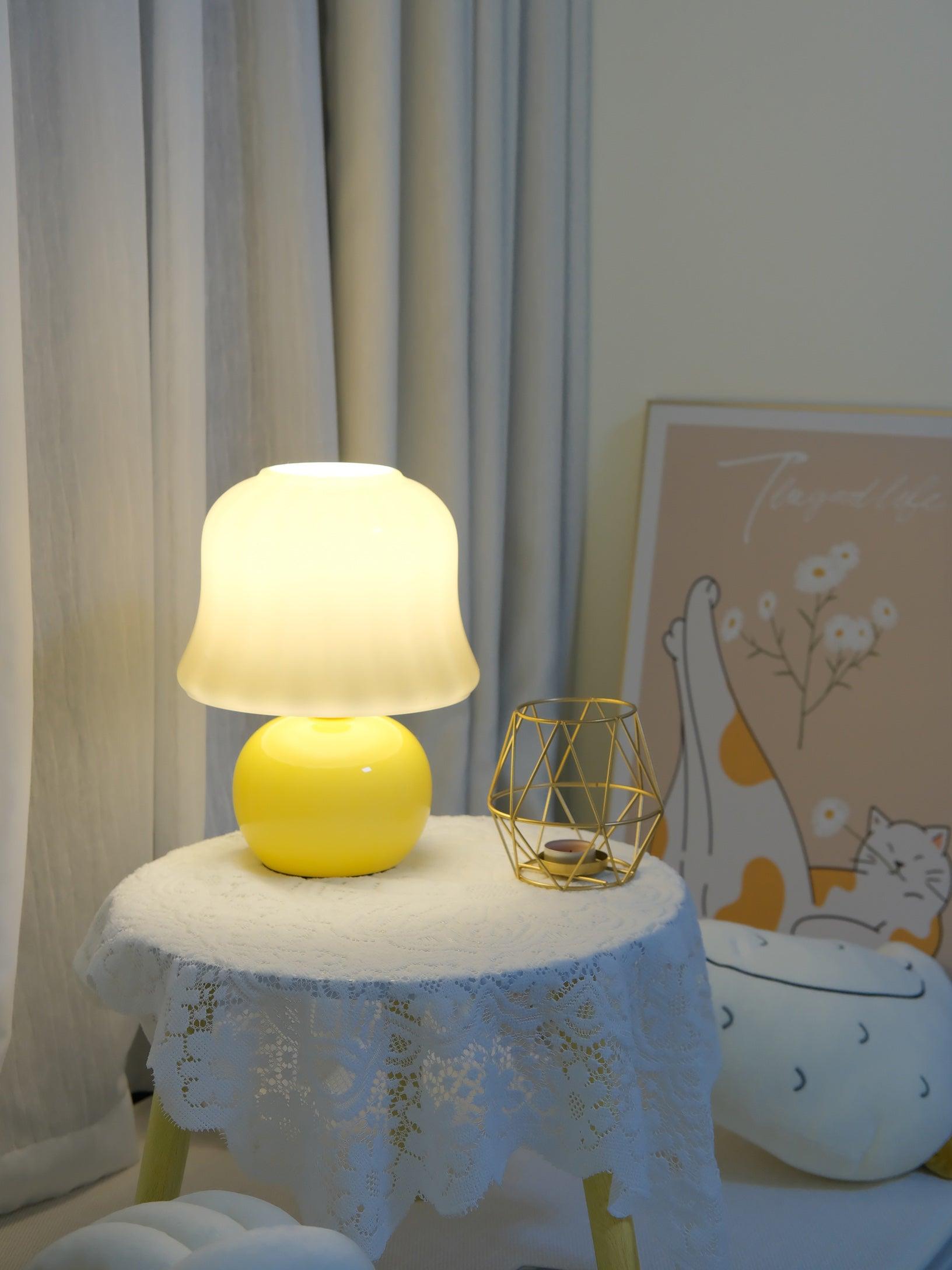 Creamy Mushroom Pleated Glass Table Lamp for Bedroom and Living Room Accent Lighting