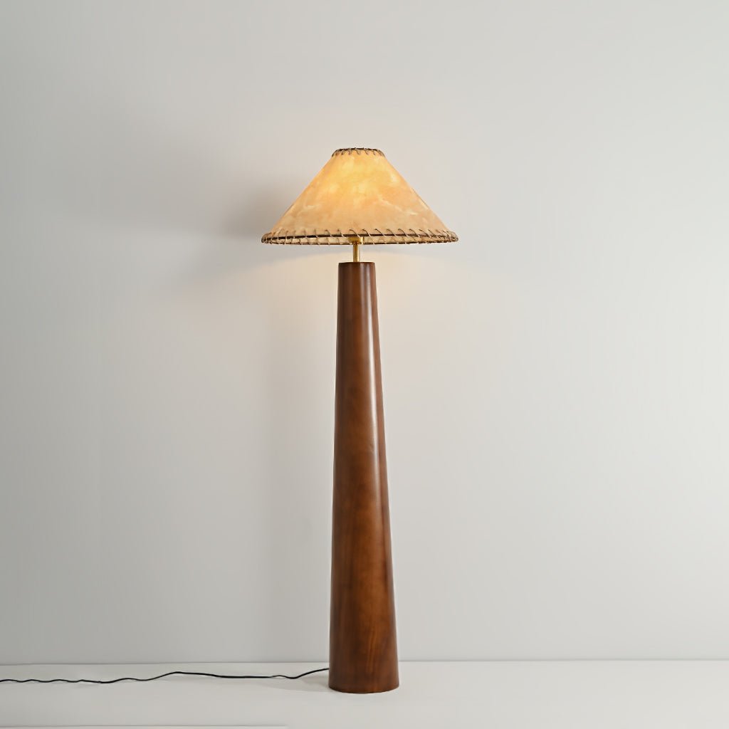 Modern Paper Column Standing Floor Lamp with Rubber Wood Base and Beige Shade