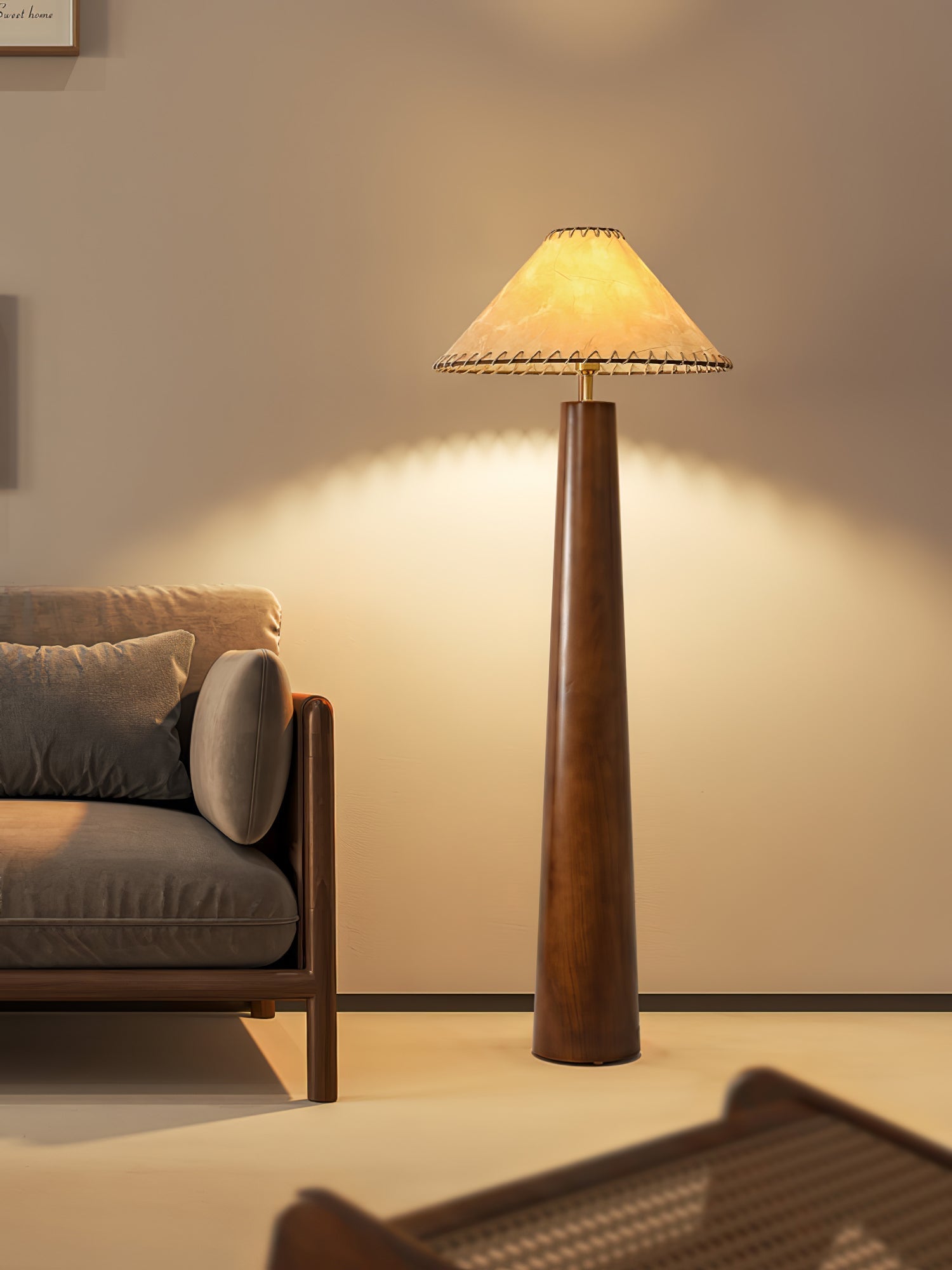 Modern Paper Column Standing Floor Lamp with Rubber Wood Base and Beige Shade