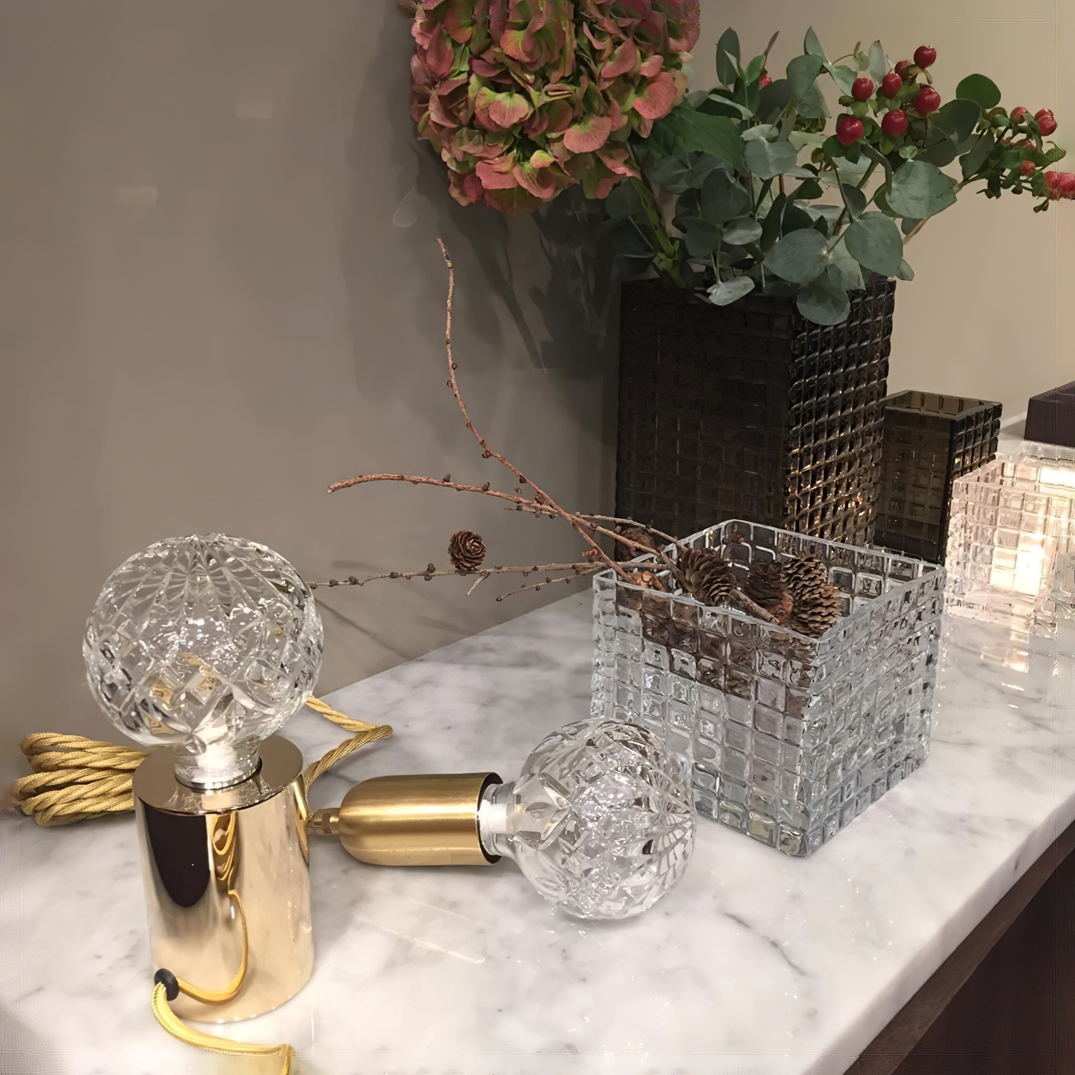 Clear Crystal Glass Sphere Table Lamp with Brass Base and G9 LED Bulb for Bedroom